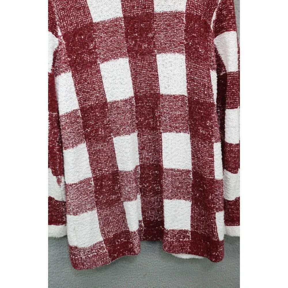 Foxcroft Burgundy White Open Front Cardigan-Size Medium-Picnic Plaid